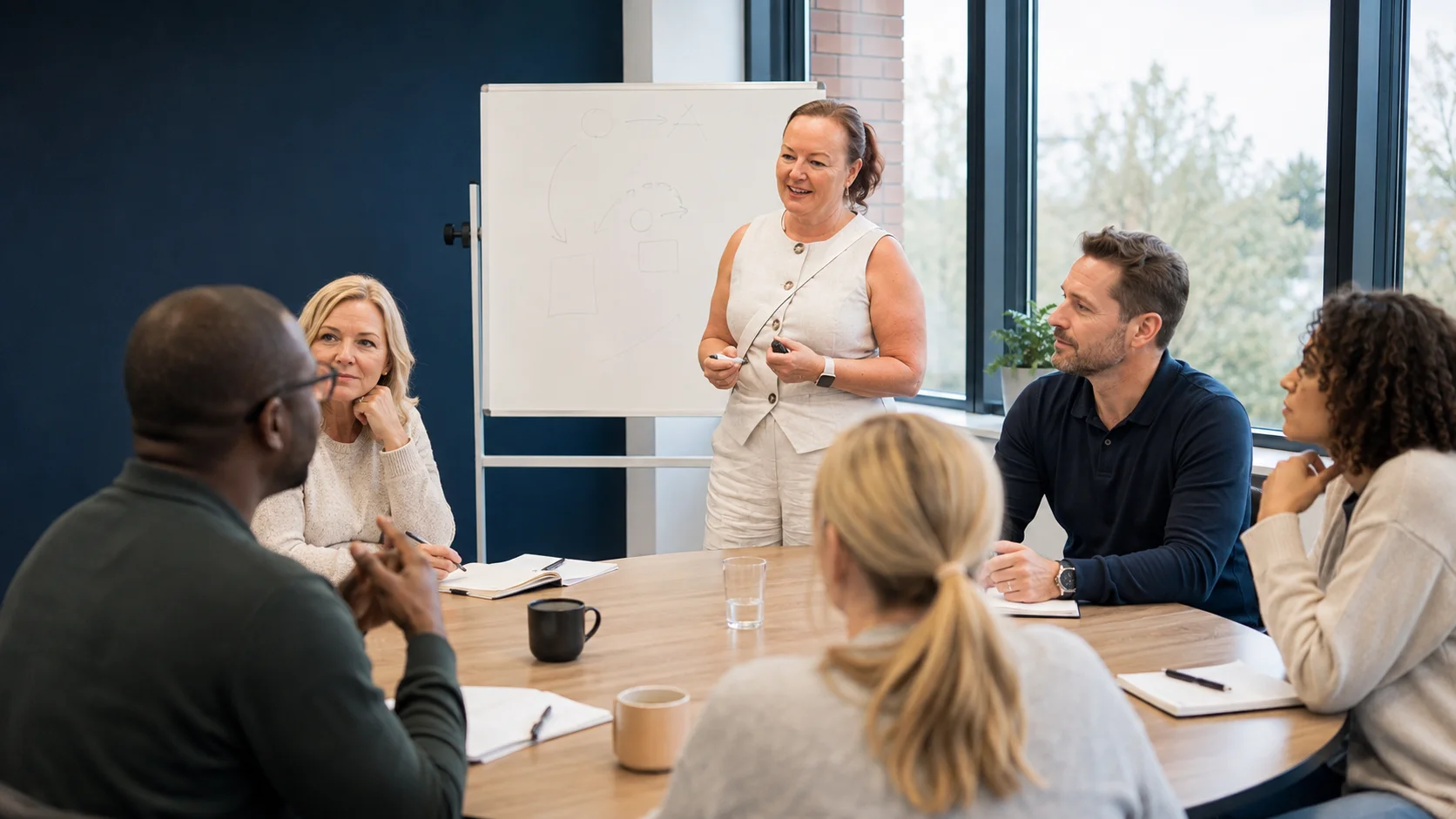 Pam leading a leadership discussion with a group seated around a table